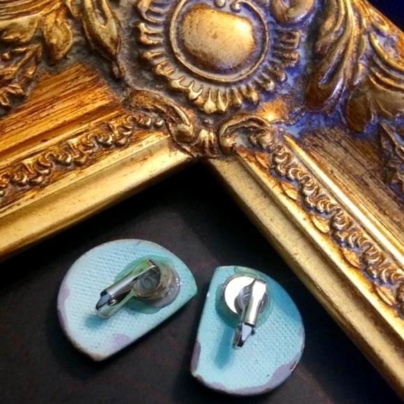 💥STUDIO MADE - Artisan Crafted Ceramic Turquoise Blue&Gold Gilt ClipOn Earrings - Picture 3 of 4